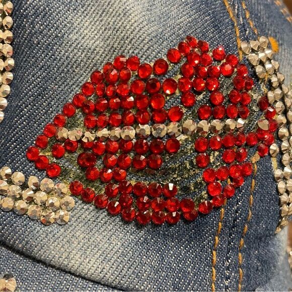 Magid Rhinestone Distressed Denim Love Ball Cap Hat Red and Silver Rhinestones - Picture 10 of 10